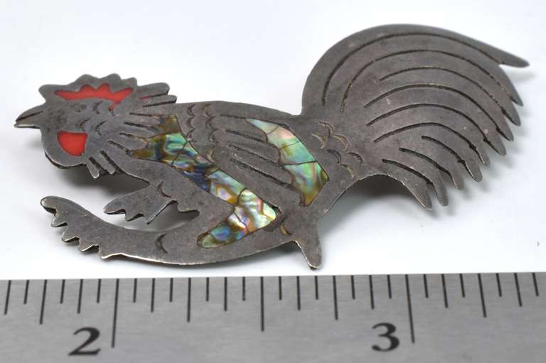 Vintage Rooster Pin With Abalone