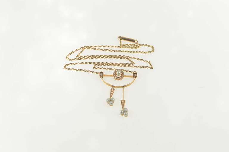 14K Yellow Gold Victorian Diamond Pearl Drop Statement Necklace