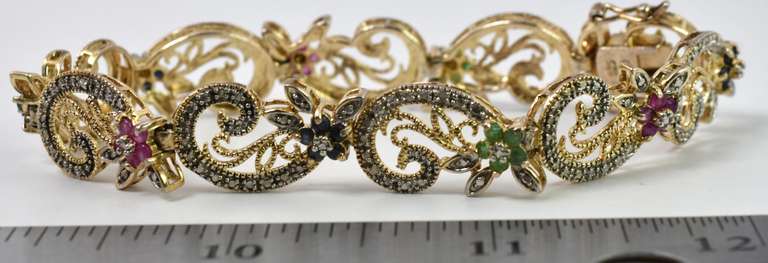 Ornate Vermeil Bracelet With Sapphire Ruby and Emerald Flowers