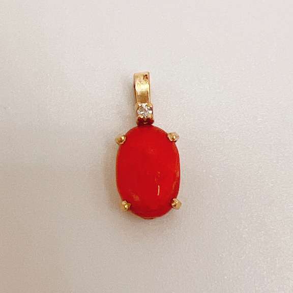 14kt Yellow Gold, Coral, & Diamond Pendant