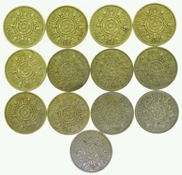 Fid Def Ind Imp Two Shillings lot of 13 UK Coin