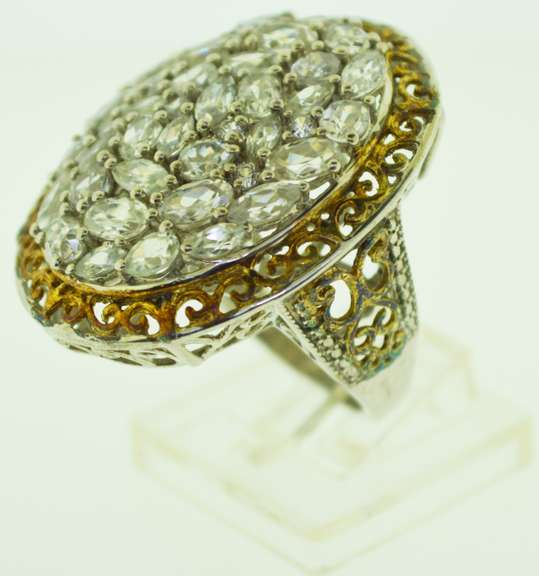 Sterling Silver Large Oval White Topaz Cluster Ring