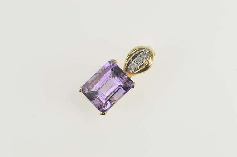 14K Yellow Gold Emerald Cut Amethyst Diamond Classic Pendant