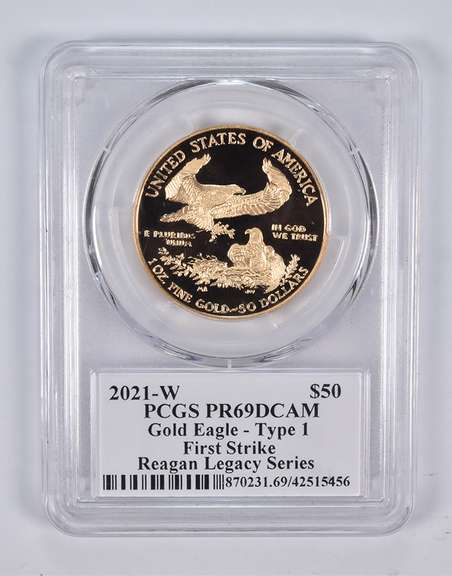 PR69DCAM 2021-W $50 Gold Eagle Type 1 FS Reagan Legacy Signed PCGS