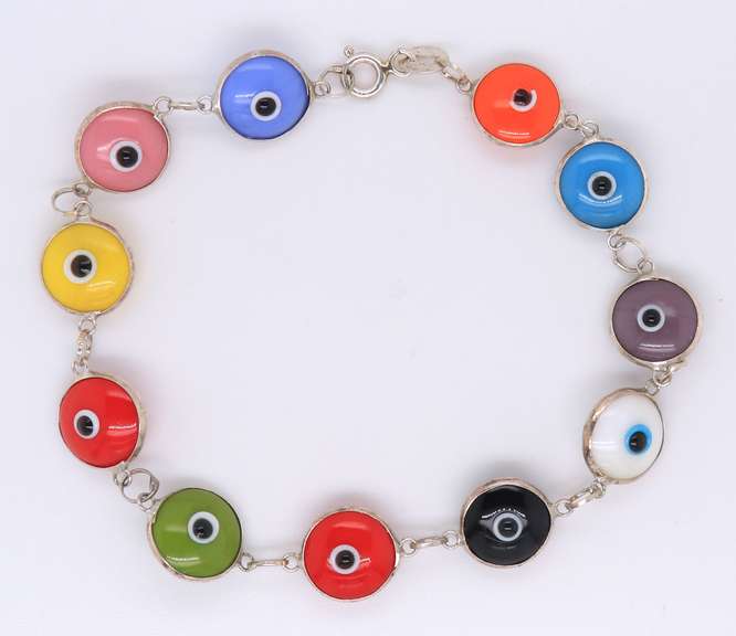 Sterling Silver Signed Multi Gemstone Evill Eye Link Bracelet