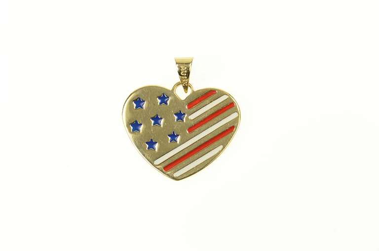 14K Yellow Gold Enamel Stars & Stripes American Flag Heart Pendant