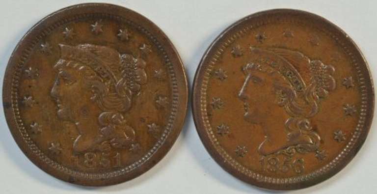 Pair of XF/AU Braided Hair Large Cents from 1851 & 1856. Nice