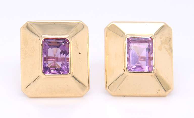 Gorgeous Yellow Gold Emerald Cut Bezel Set Amethyst Earrings