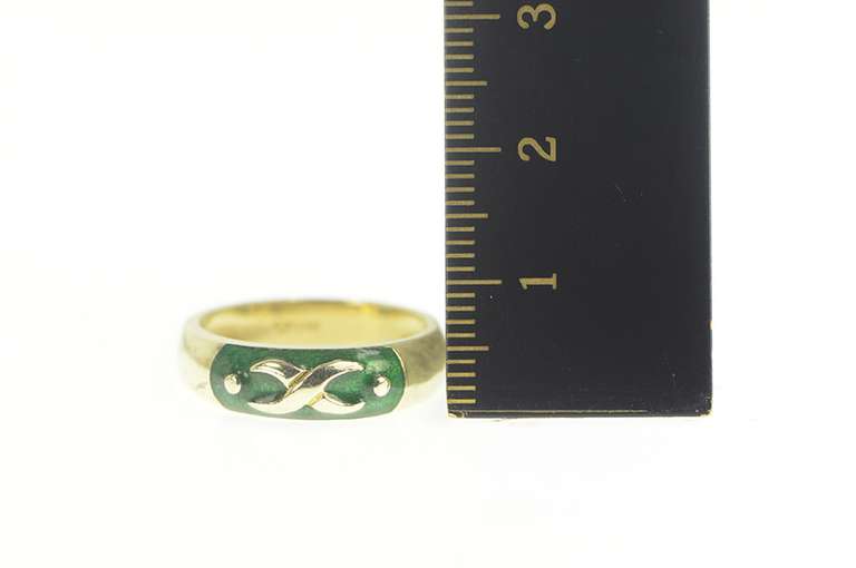14K Yellow Gold Green Enamel X Criss Cross Statement Band Ring