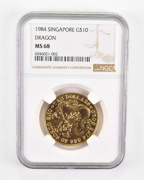 MS68 1984 Singapore $10 Gold - Dragon - Graded NGC