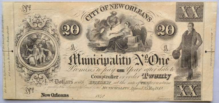 Oversize May 25 1842 $20 Municipality One City of New Orleans Note