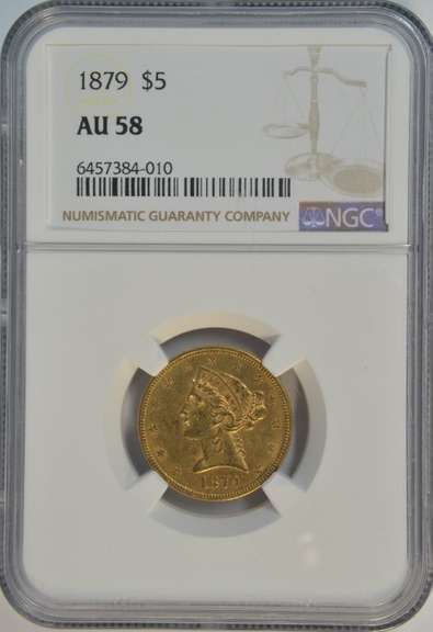 Scarce Near Mint 1879 $5 Liberty Gold Piece. NGC AU58