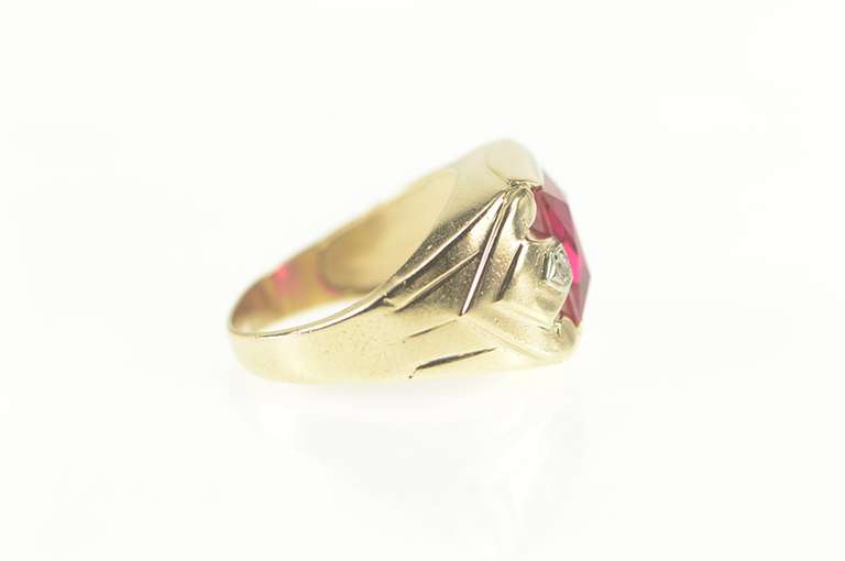 10K Yellow Gold Emerald Cut Syn. Ruby Diamond Squared Ring