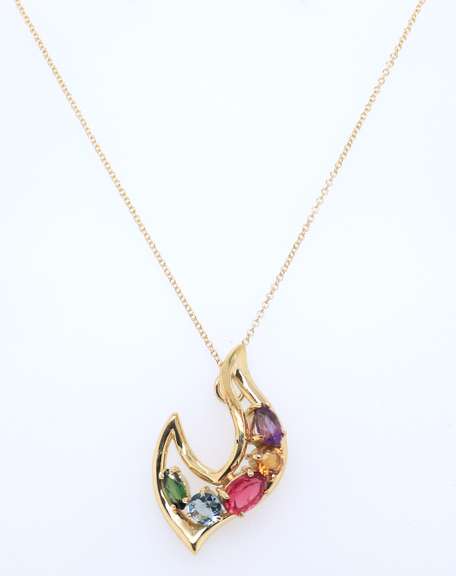 Elegant Yellow Gold Multi Shape Multi Gemstone Pendant on Chain