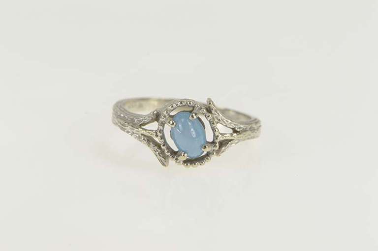 14K White Gold Oval Syn. Star Sapphire Vine Leaf Bypass Ring