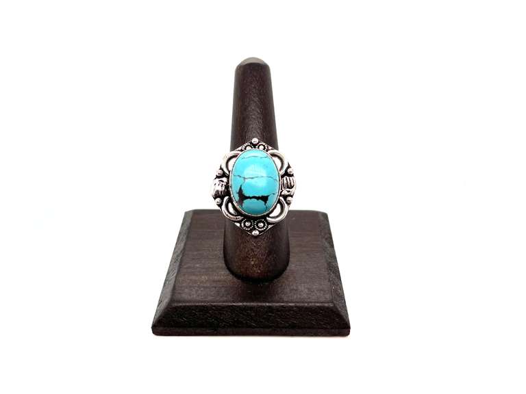 Oval Tibetan Turquoise in Ornate Silver Energy Ring
