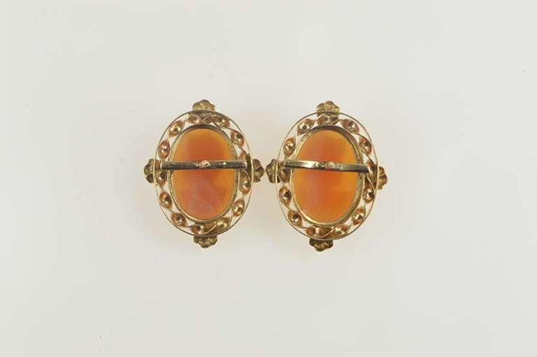 14K Yellow Gold Arts & Crafts Carved Shell Cameo Statement Earrings