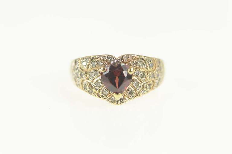 10K Yellow Gold Heart Garnet Pave Diamond Love Symbol Ring