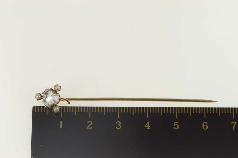 14K Yellow Gold Carved Moonstone Seed Pearl Flower Clover Stick Pin