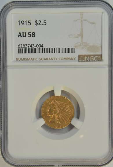 Super nice 1915 US $2.50 Indian Gold Piece. NGC AU58