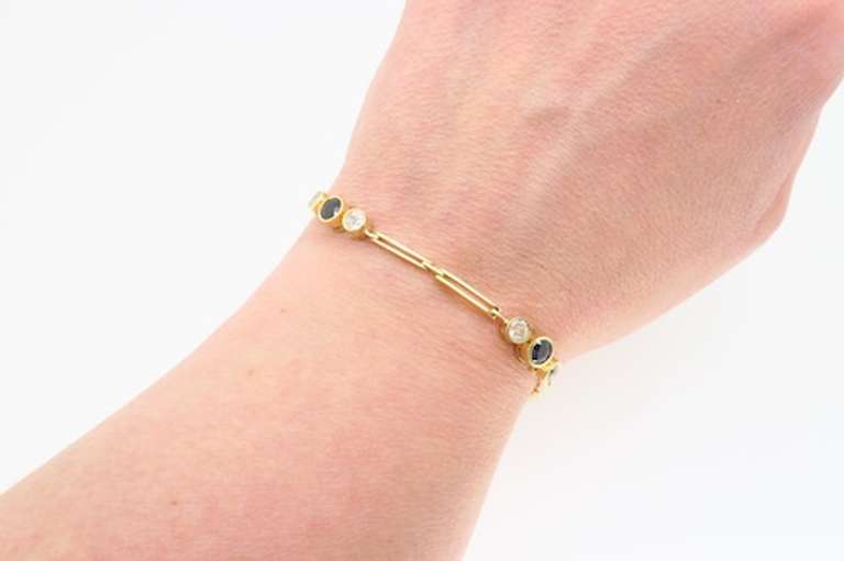 Estate 18k Yellow Gold Diamond & Blue Sapphire Line Bracelet