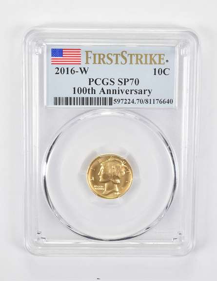 SP70 2016-W Mercury Dime 1/10 Oz. 24K Gold FS 100th Anniv PCGS