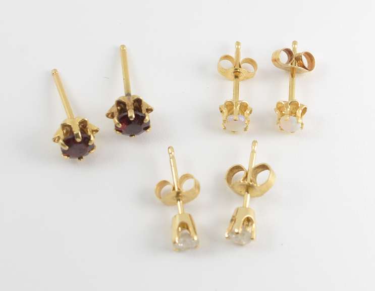 3 Pairs Stud Earrings-Diamond, Opal, & Garnet