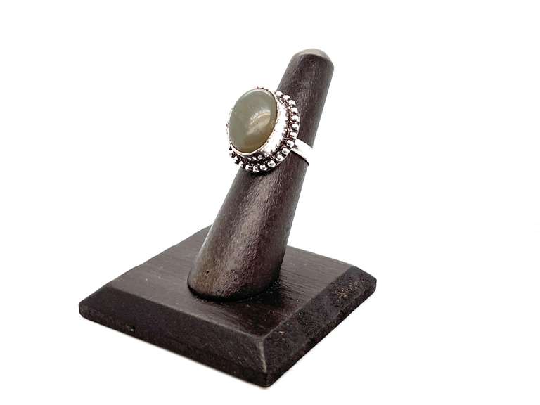 Oval Opalesque Gray Stone In Ornate Tibetan Silver Beaded Ring