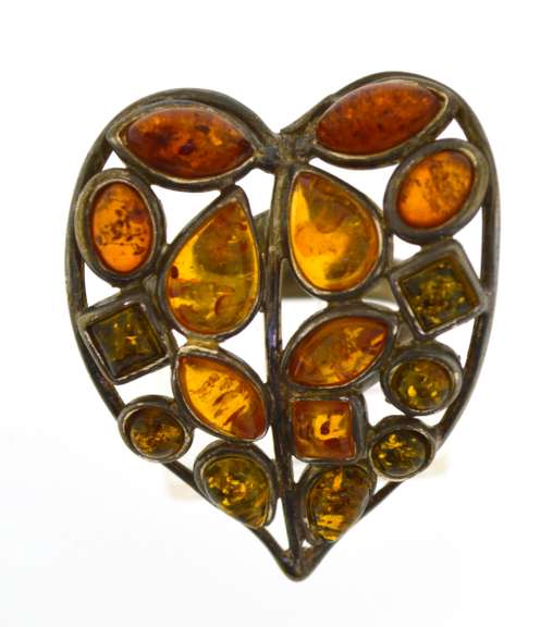 Sterling Silver Large Heart Amber Color Stone Ring