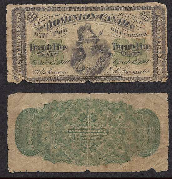 1870 25 cent Dominion of Canada circulated