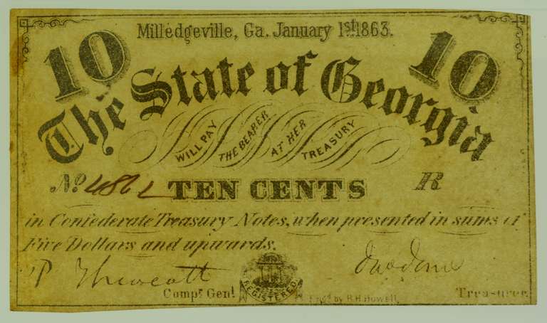 1863 State of Georgia Bank of Milledgeville Confederate 10 Cent Note