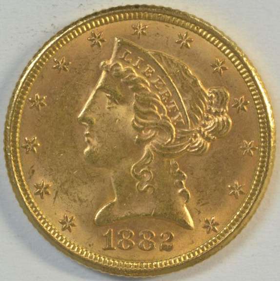 Fresh BU 1882 US $5 Liberty Gold Piece. Full strike.