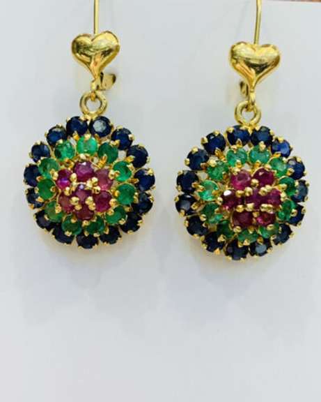 14kt Solid Yellow Gold, Emerald, Ruby, & Blue Sapphire Earrings