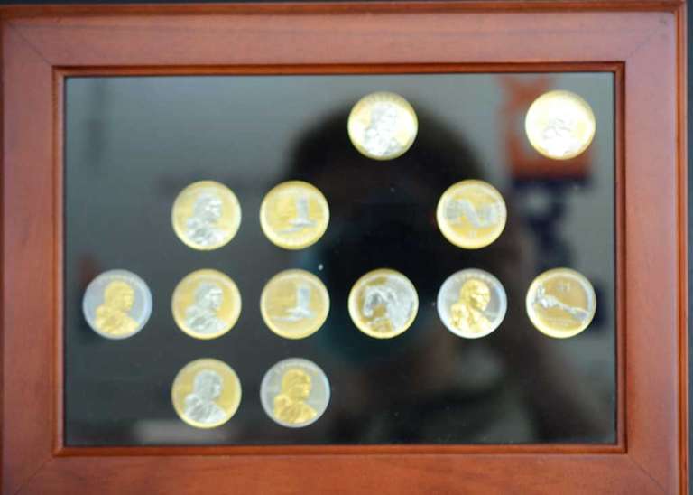 Lot Of 19 Gold And Platinum Highlighted Native American Dollars In Wooden Display Box.