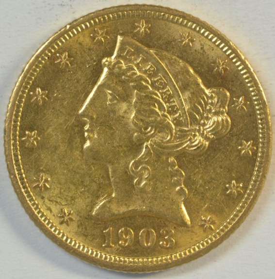 Flashy BU 1903 US $5 Liberty Gold Piece. Full strike