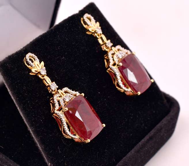 Amazing 21.55CTW Ruby & 0.28CTW Diamond Earrings in Gold Plated Sterling Silver