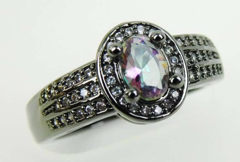 Dramatic Mystic Topaz & Diamonds  Oxidized Sterling Ring, 8