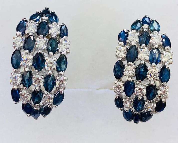 14kt Solid White Gold, Blue Sapphire, & White Sapphire Earrings