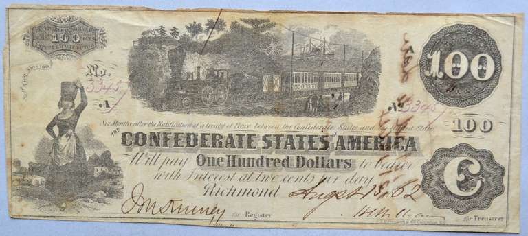$100 CSA June 25 1862 Straight Steam Note