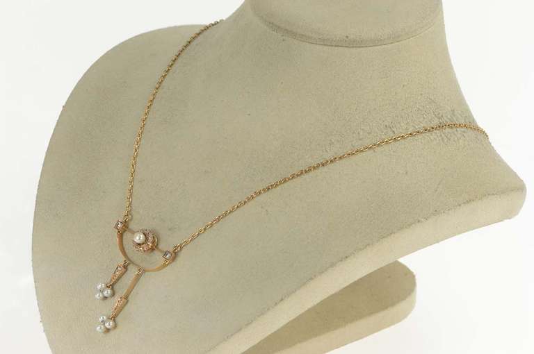 14K Yellow Gold Victorian Diamond Pearl Drop Statement Necklace