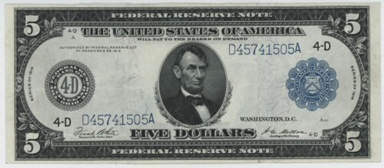 Very crisp 1914 Series Large Size $5 Federal Reserve Note (4-D)