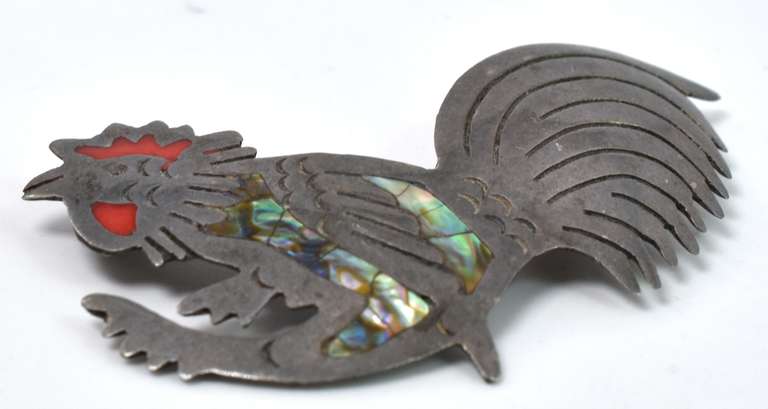 Vintage Rooster Pin With Abalone