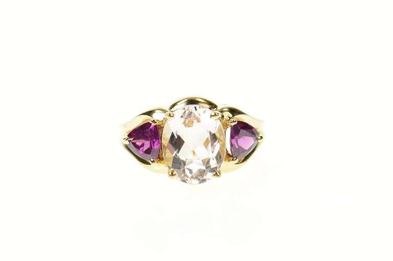 10K Yellow Gold Three Stone Oval Cubic Zirconia Pink Tourmaline Ring