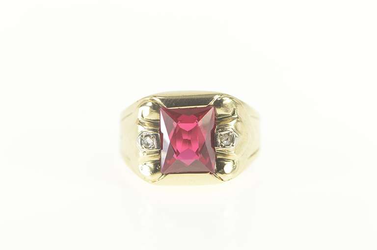 10K Yellow Gold Emerald Cut Syn. Ruby Diamond Squared Ring