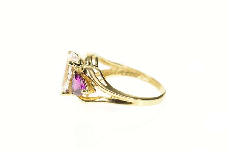 10K Yellow Gold Three Stone Oval Cubic Zirconia Pink Tourmaline Ring