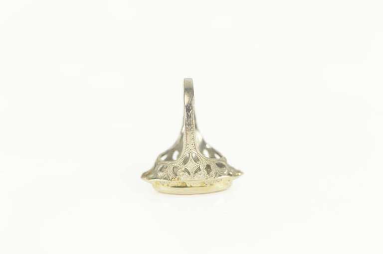 10K White Gold Goldstone Inset Art Deco Filigree Ornate Ring