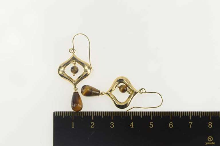 14K Yellow Gold Tiger's Eye Dangle Arabesque Hook Earrings