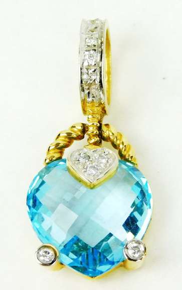Exquisite 14K Blue Topaz & Diamonds Heart Pendant
