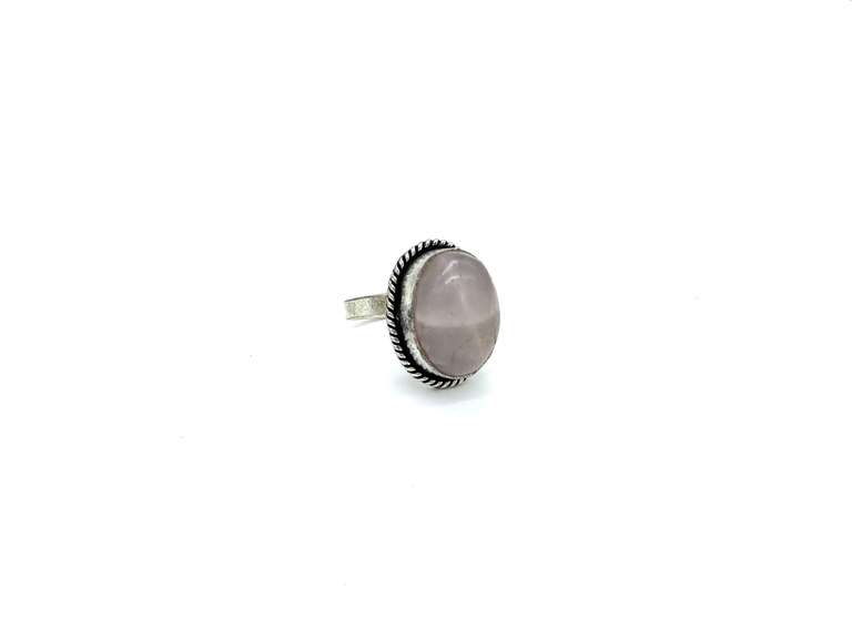 Cabochon Rose Quartz in Tibetan Silver Energy Rope Design Ring