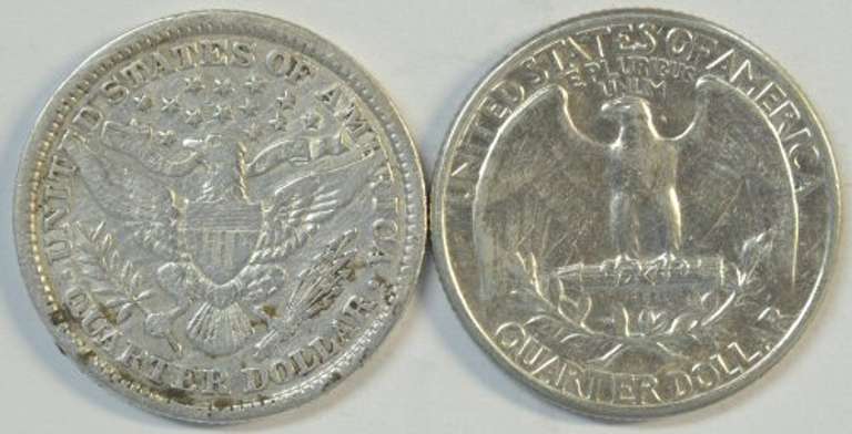 1892-P Barber Quarter in XF & 1932 Washington Quarter in AU